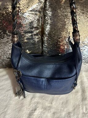 Brighton  Barbados Dark Navy Pebbled Leather Shoulder Bag with Braided Strap